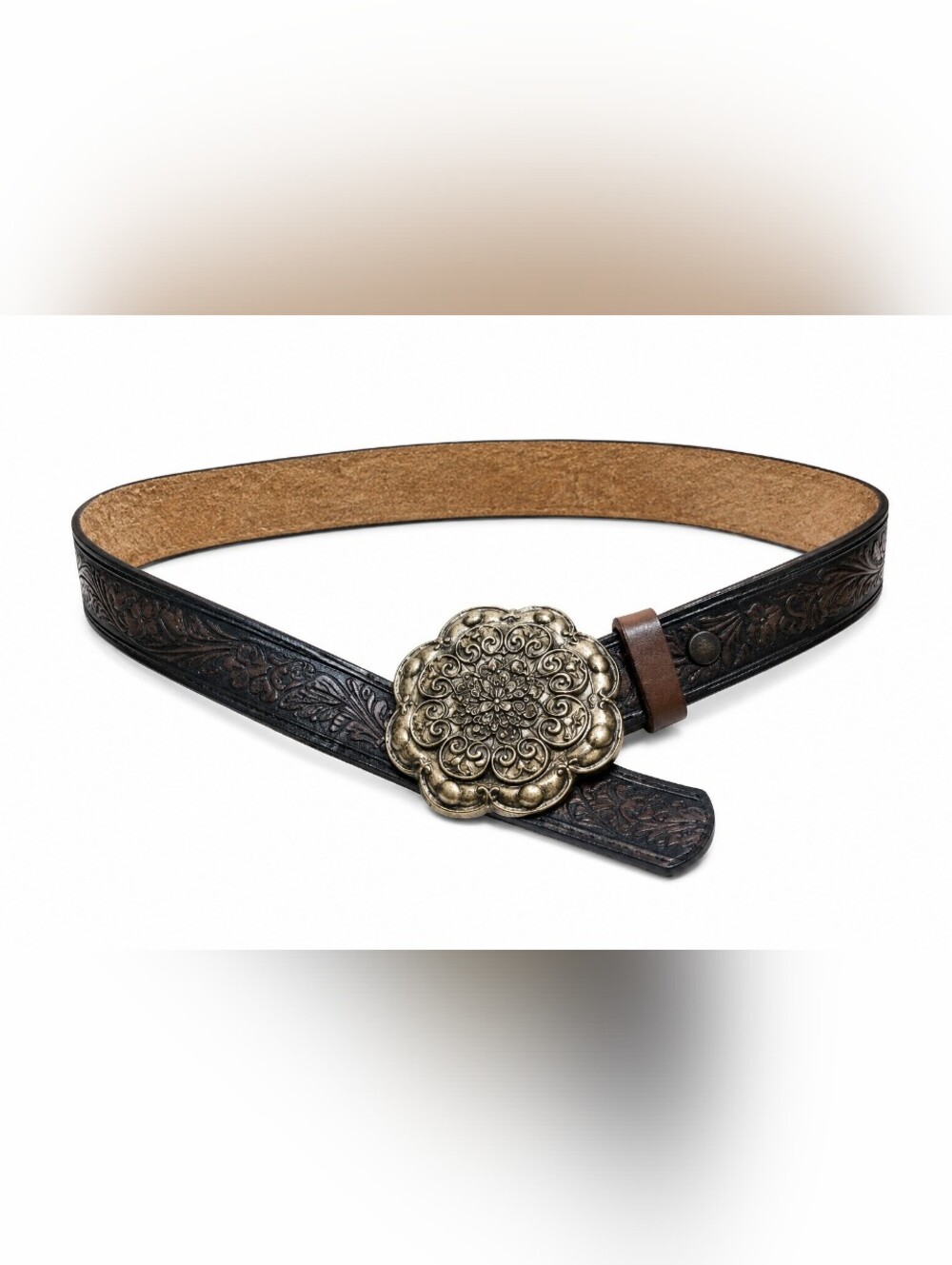 Leatherock Women's Embossed Leather Belt Floral Tooled Concho Buckle Western